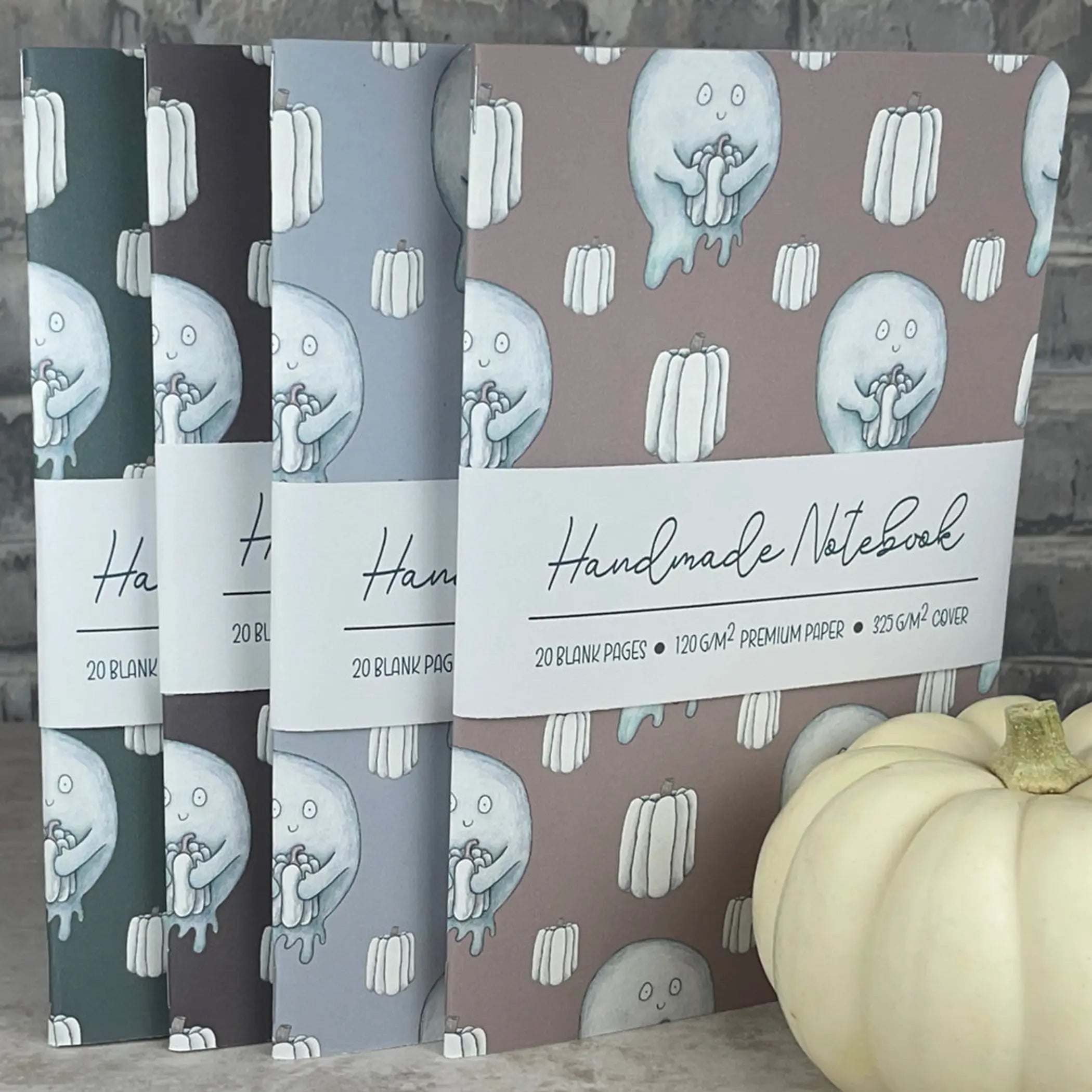 Handmade Saddle Bound Notebooks- Pumpkin  & Ghosts Pattern - 4 Notebook Bundle Art by Erica H