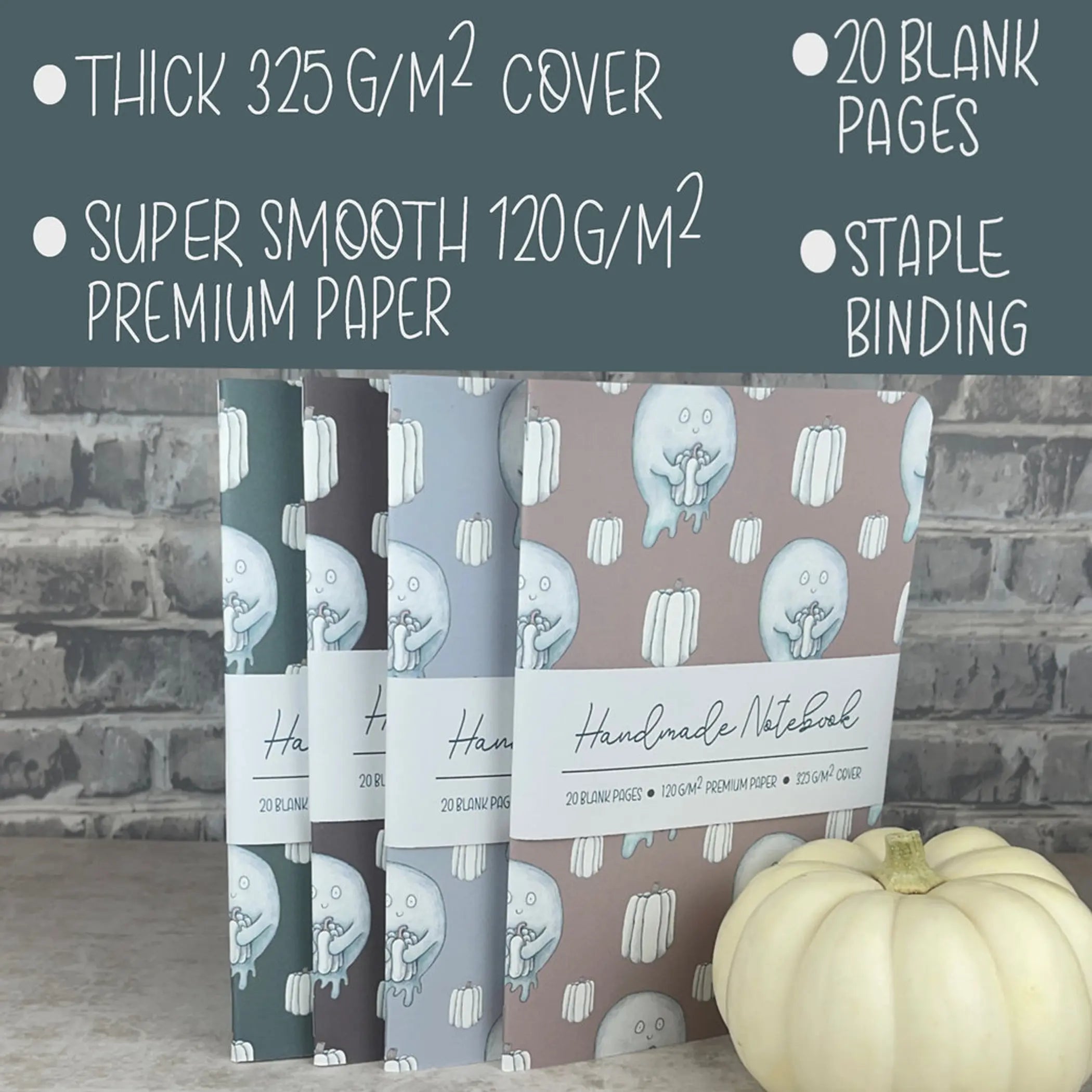 Handmade Saddle Bound Notebooks- Pumpkin  & Ghosts Pattern - 4 Notebook Bundle Art by Erica H