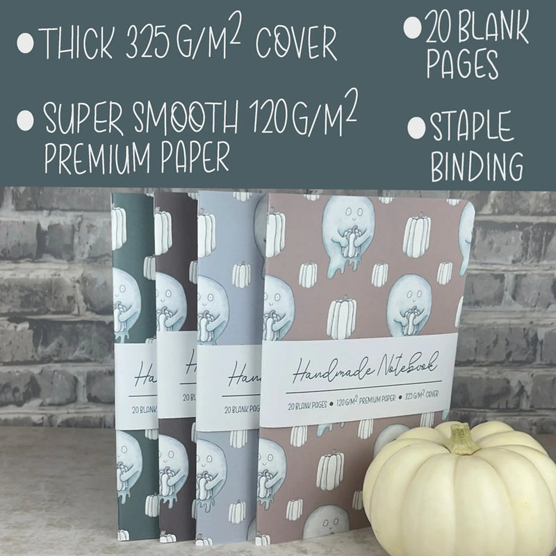 Handmade Saddle Bound Notebooks- Pumpkin  & Ghosts Pattern - 4 Notebook Bundle Art by Erica H