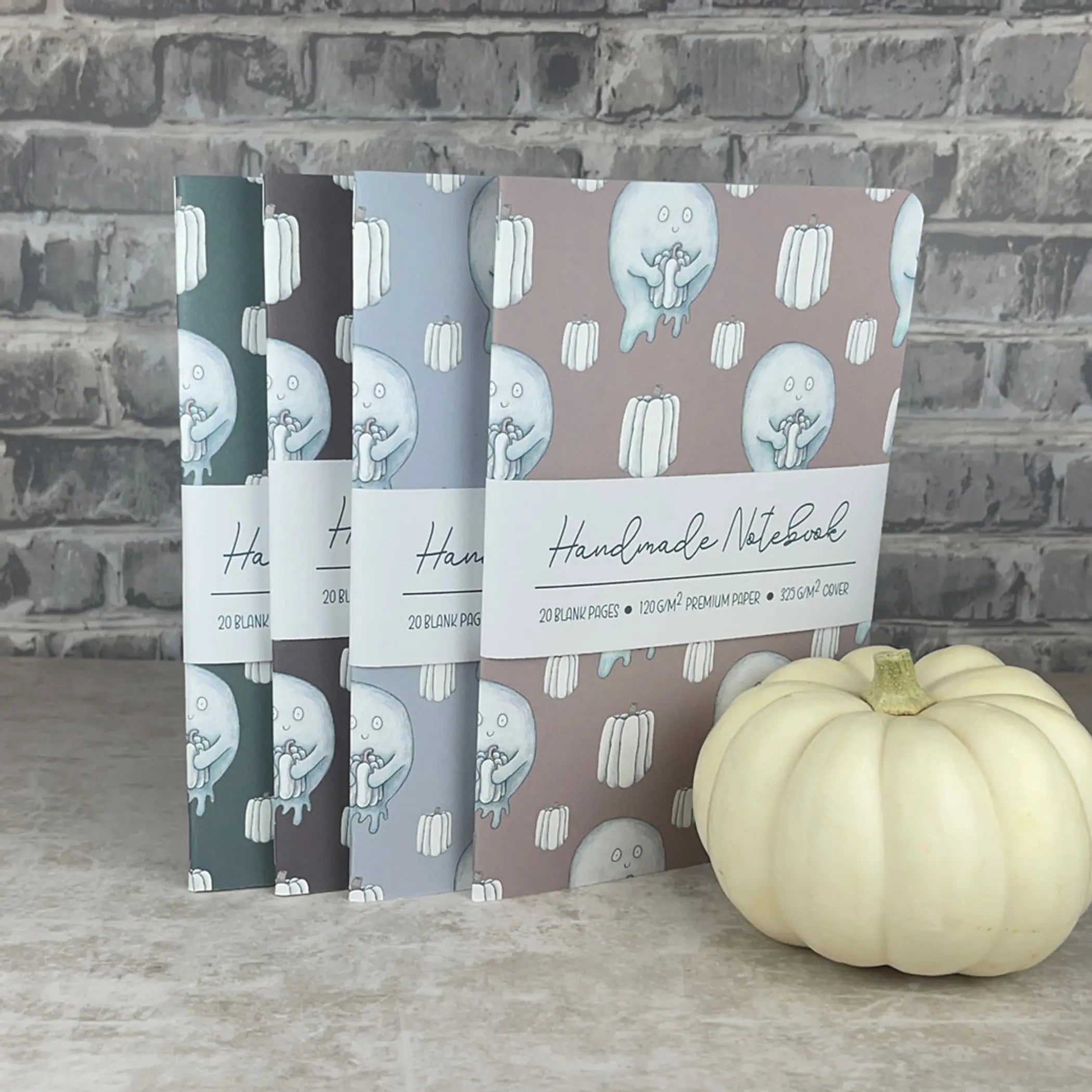 Handmade Saddle Bound Notebooks- Pumpkin  & Ghosts Pattern - 4 Notebook Bundle Art by Erica H