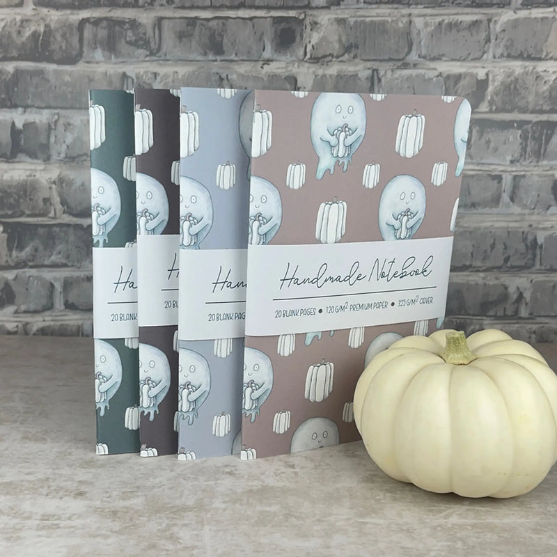 Handmade Saddle Bound Notebooks- Pumpkin  & Ghosts Pattern - 4 Notebook Bundle Art by Erica H