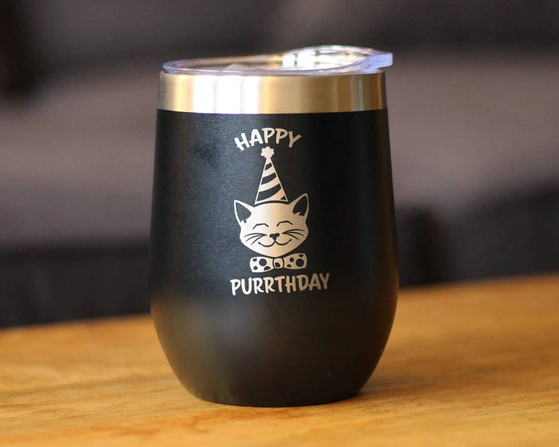 Happy Purrthday Insulated Wine Tumbler - Cat Birthday Gifts Bevvee