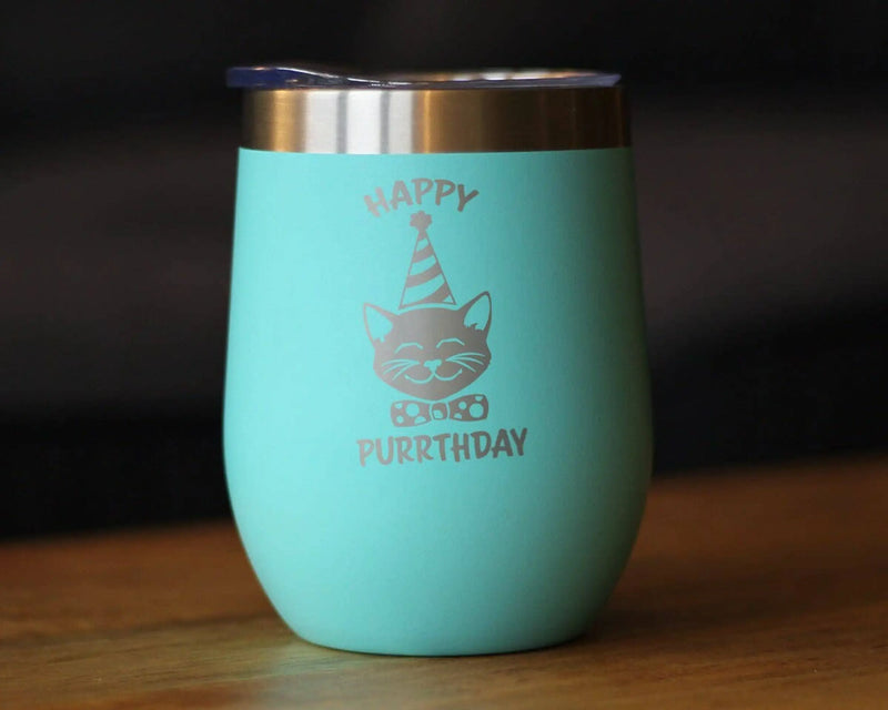 Happy Purrthday Insulated Wine Tumbler - Cat Birthday Gifts Bevvee
