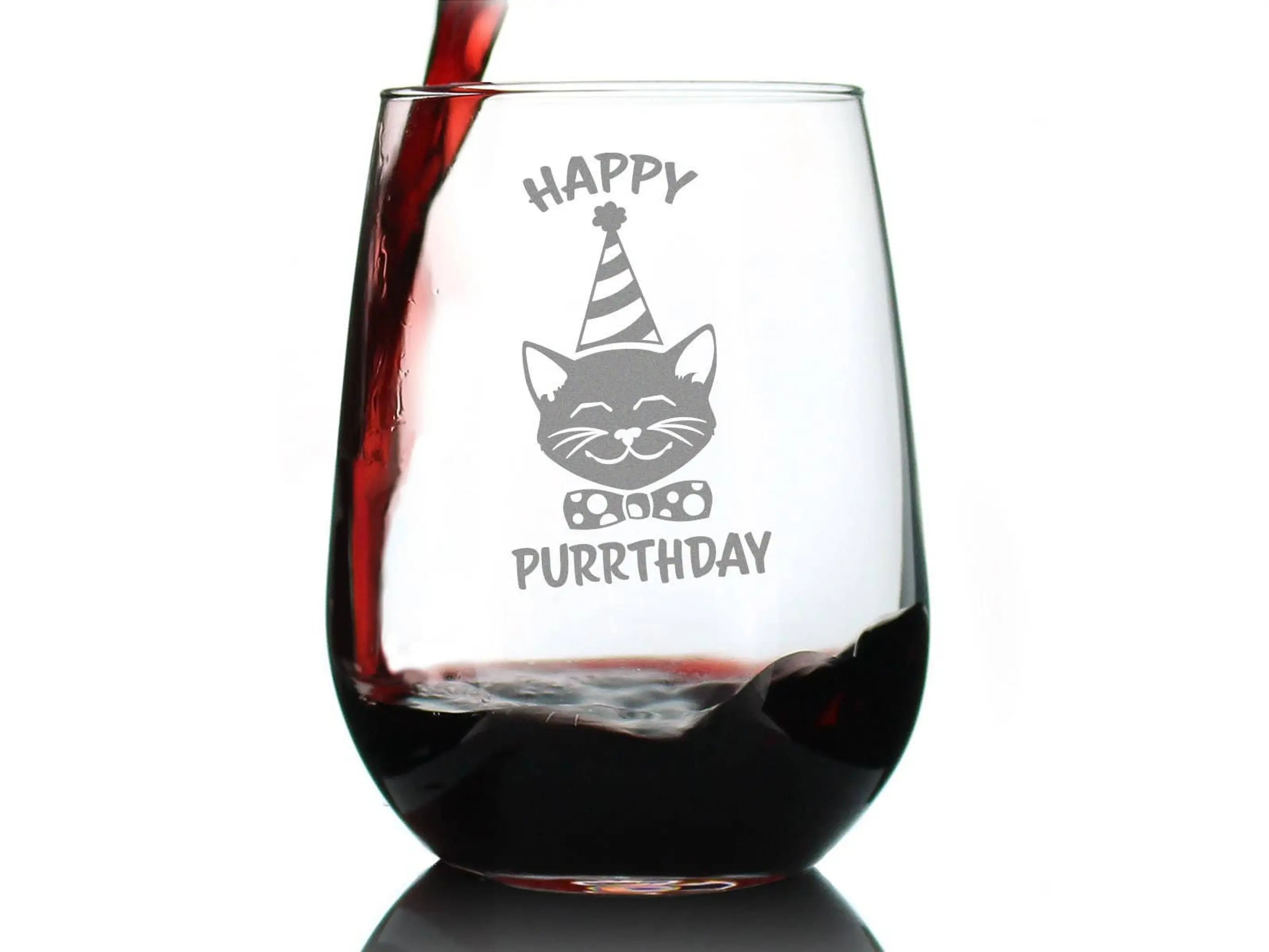 Happy Purrthday Stemless Wine Glass - Cat Birthday Gifts Bevvee