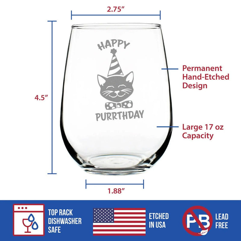 Happy Purrthday Stemless Wine Glass - Cat Birthday Gifts Bevvee