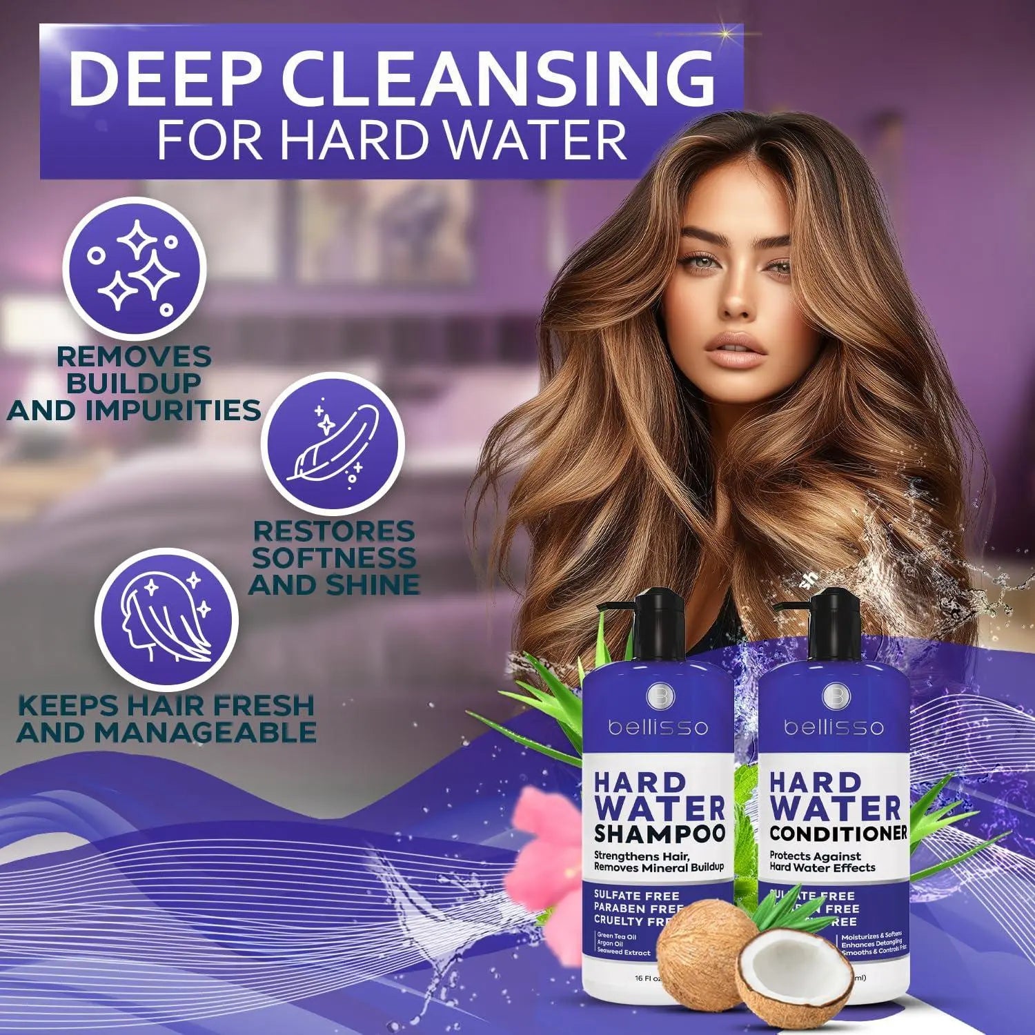Hard Water Shampoo and Conditioner Set   Sulfate Free Hair Care Products for Women and Men   Moisturizing Treatment with Chelating Properties for a Deep Clean   Remover for Cleansing Mineral Build Up Bellisso