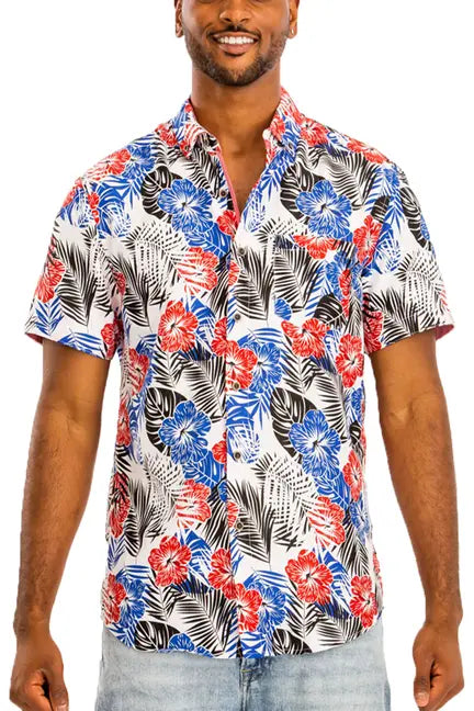 Men's short-sleeve shirt, white with red and blue floral print, featuring a tropical style and relaxed fit.