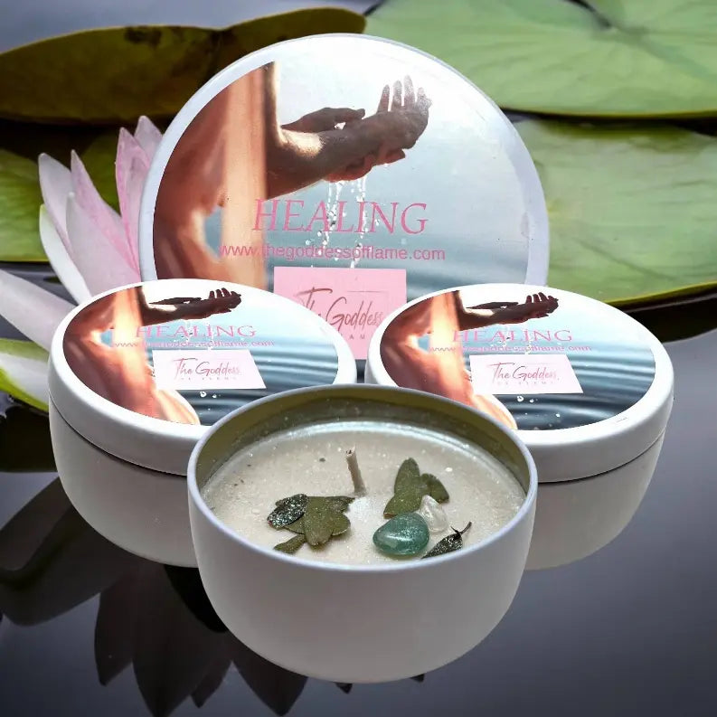 Healing candle set featuring white containers and a serene design, infused with natural elements and soothing colors.
