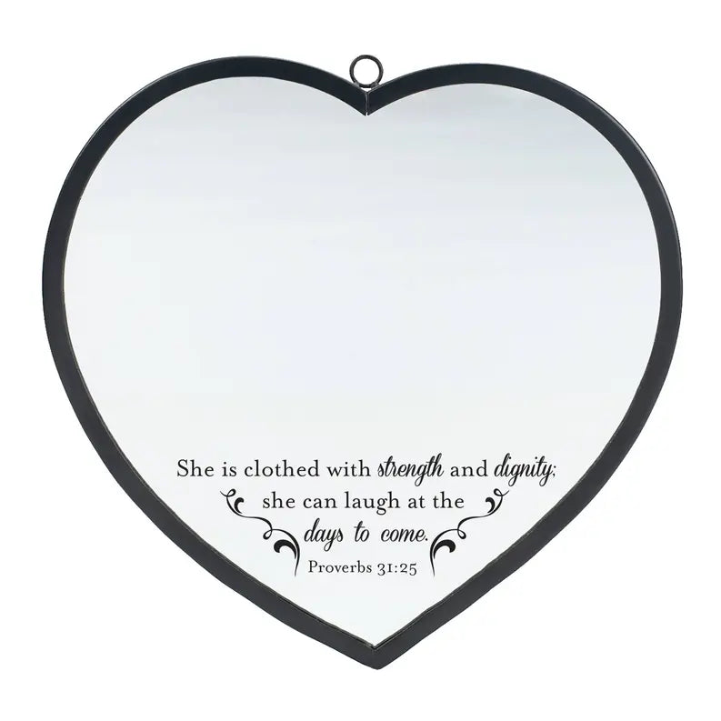 Heart-shaped wall mirror in silver with black metal frame and Proverbs 31:25 inspirational quote. Perfect for home decor.