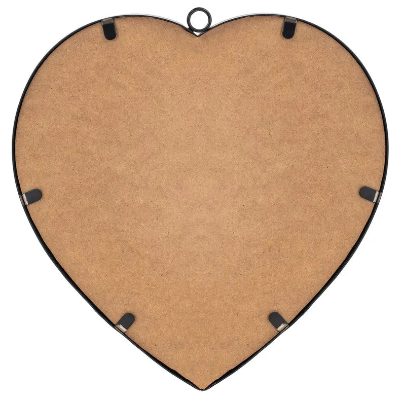 Black metal heart-shaped photo frame with a brown MDF backing, perfect for home decor or gifts.
