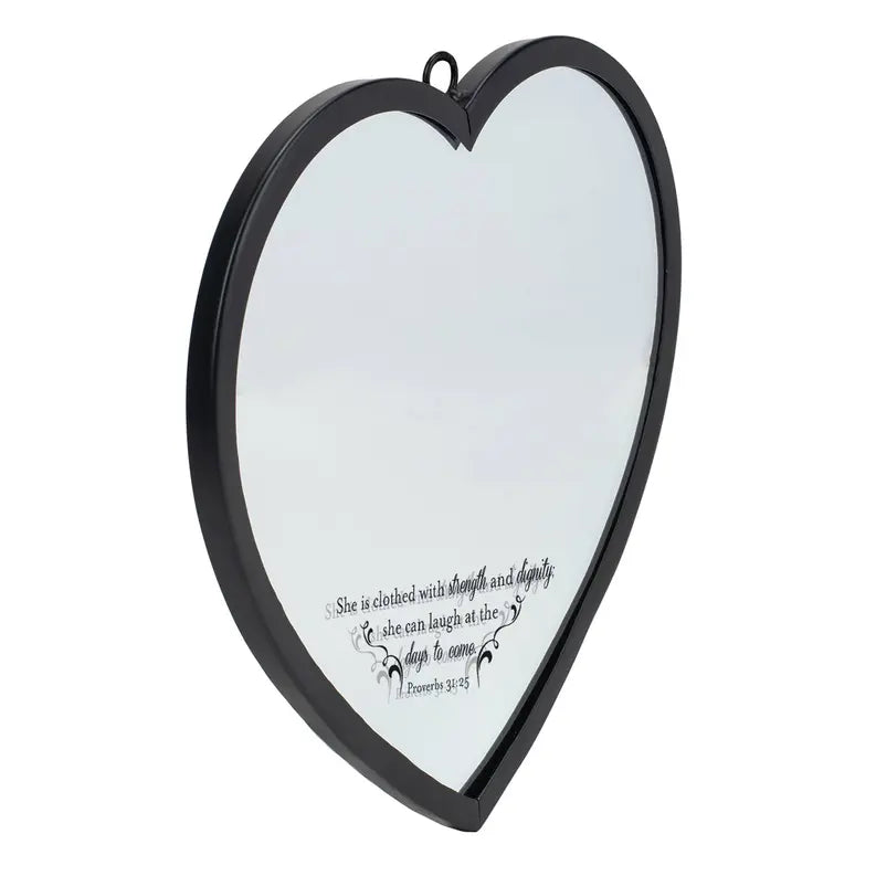 Black heart-shaped wall mirror with inspirational quote, featuring a sleek metal frame. Perfect for home decor.