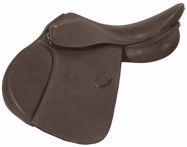 Brown leather dressage saddle with elegant stitching and contoured design, perfect for equestrian enthusiasts.