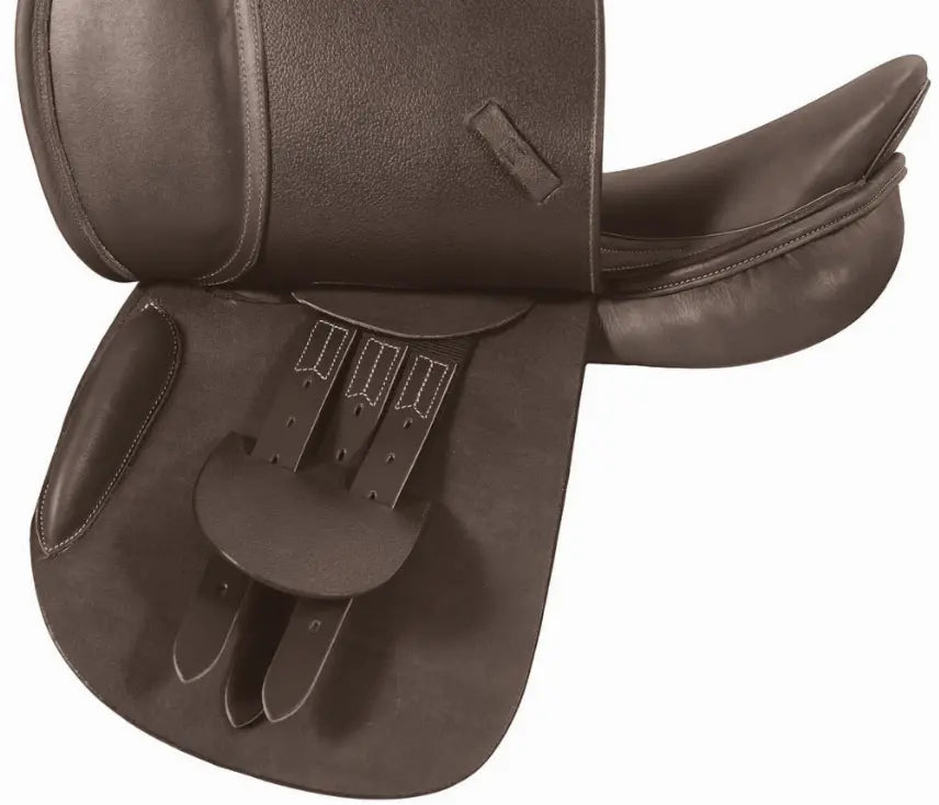 Brown leather saddle with suede panels and adjustable girth straps, ideal for equestrian enthusiasts.