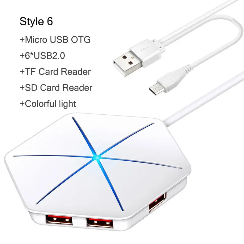 High Speed USB 3.0 2.0 HUB External 6 Port Usb Splitter with Micro Usb Interface SD TF Card Reader for Laptop PC Style 6 USB Reader