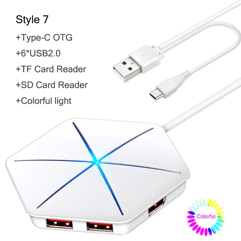 High Speed USB 3.0 2.0 HUB External 6 Port Usb Splitter with Micro Usb Interface SD TF Card Reader for Laptop PC Style 7 USB-C Reader
