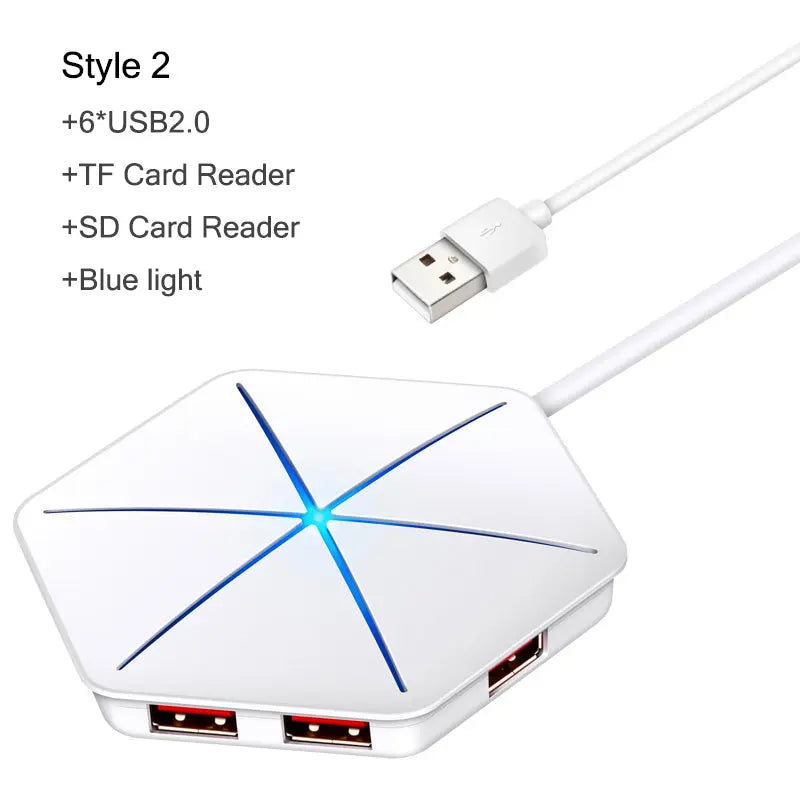 High Speed USB 3.0 2.0 HUB External 6 Port Usb Splitter with Micro Usb Interface SD TF Card Reader for Laptop PC Style 2 White Reader