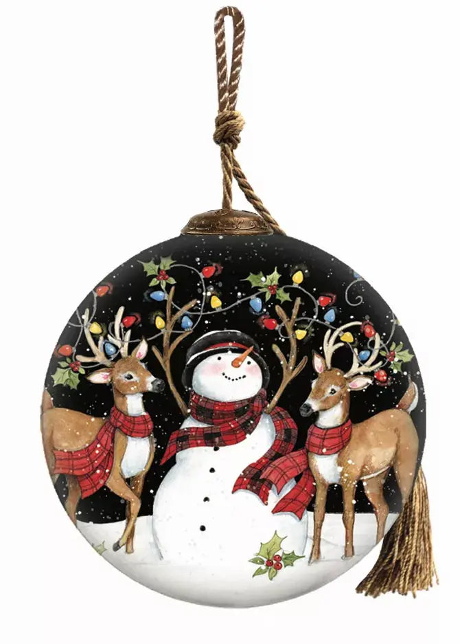 Holiday Lights Snowman Hand Painted Glass Ornament Inner Beauty Gifts