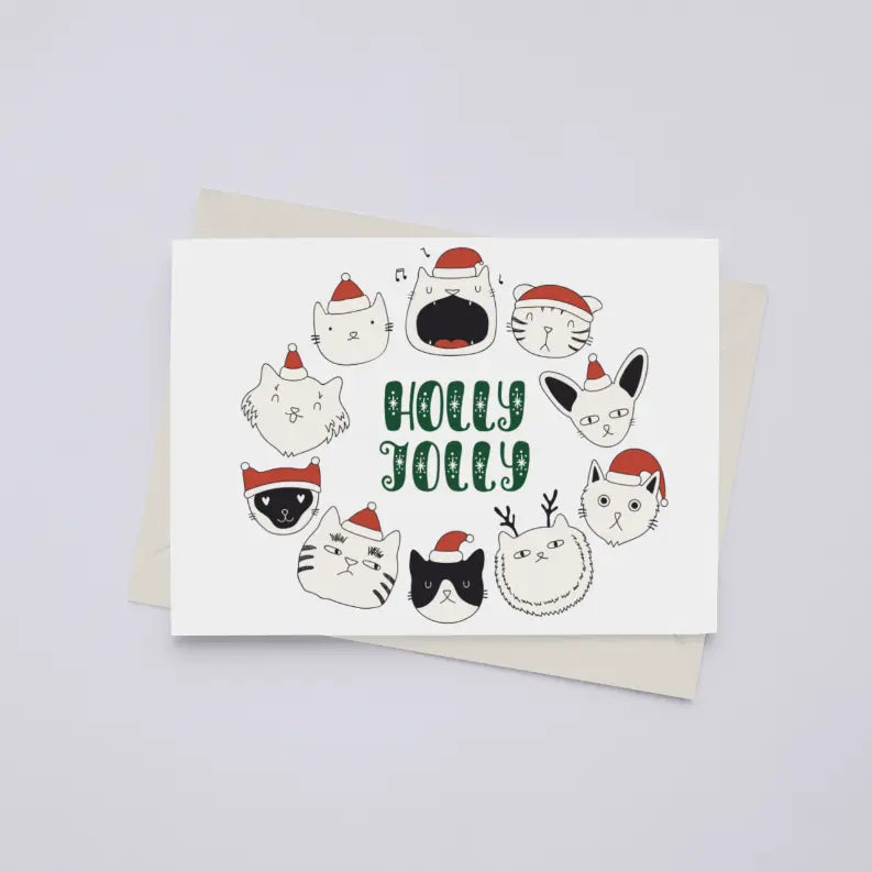Holly Jolly Cat Wreath - Greeting Card Black Cat Bazaar