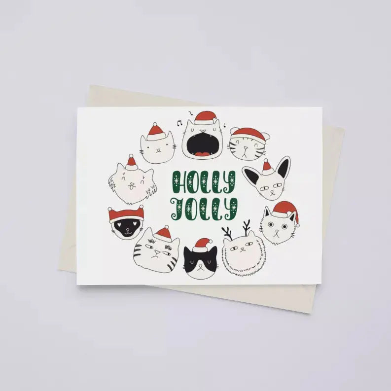 Holly Jolly Cat Wreath - Greeting Card Black Cat Bazaar