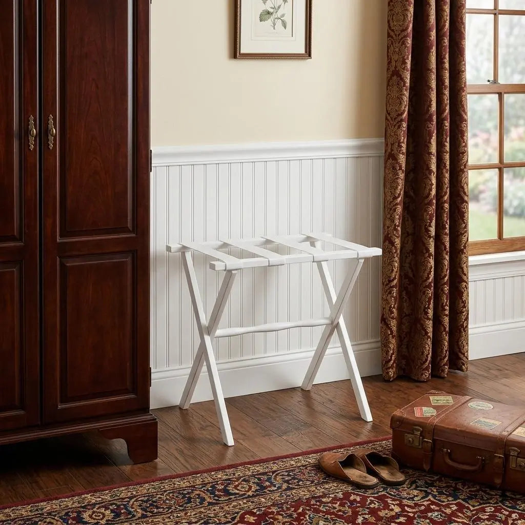 Hotel White Finish Wood Folding Luggage Rack With White Straps Homeroots Organization
