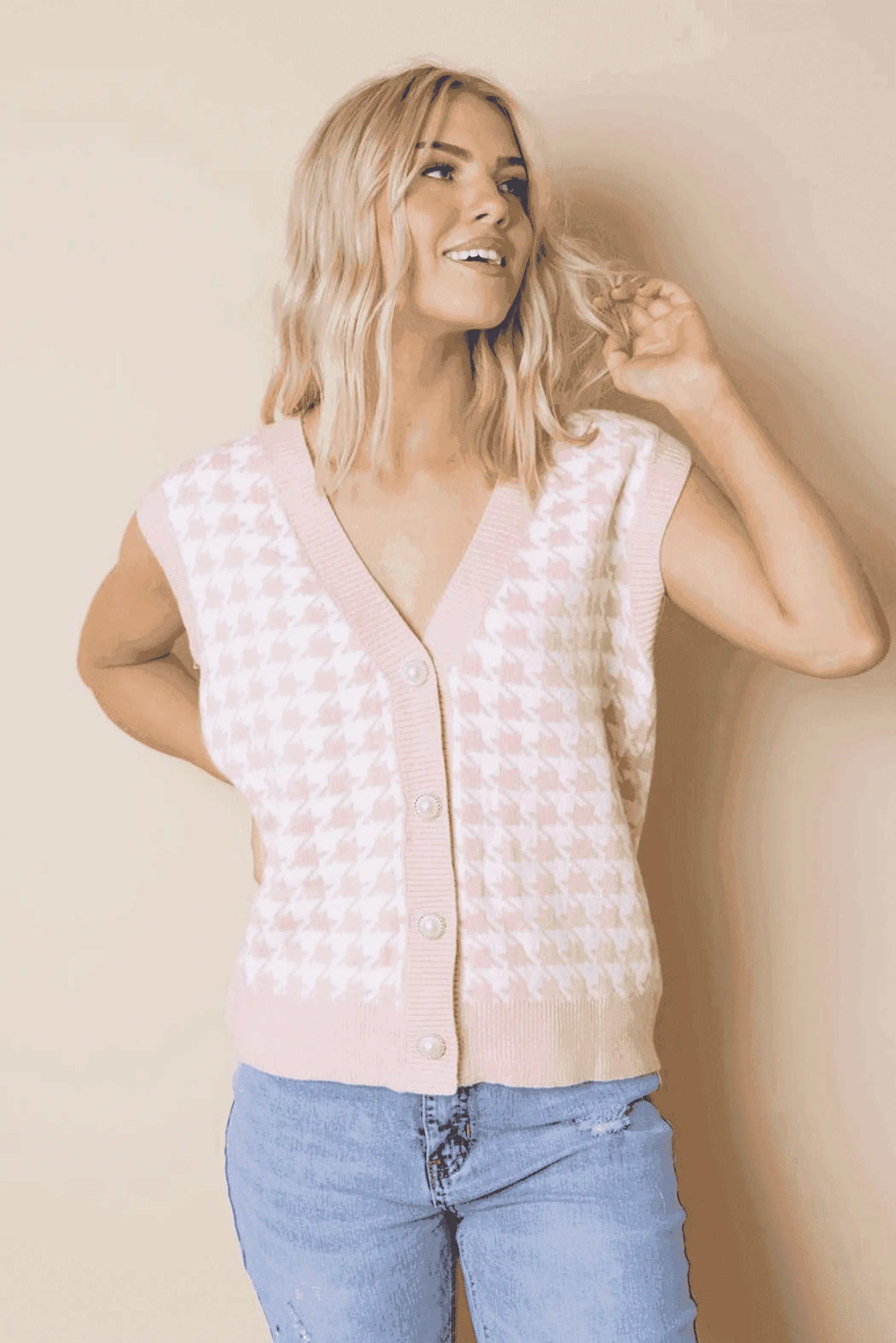 Houndstooth Vest Cardigan Stay Warm in Style