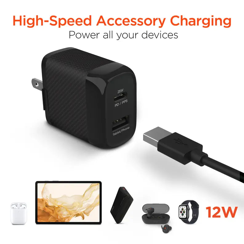 HyperGear SpeedBoost 25W USB-C PD + 12W USB Fast Wall Charger with PPS | 6ft USB-C Cable Hypercel