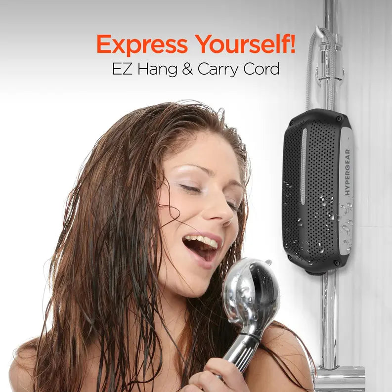 Black waterproof portable speaker with hang cord, stylish design, ideal for outdoor and shower use.
