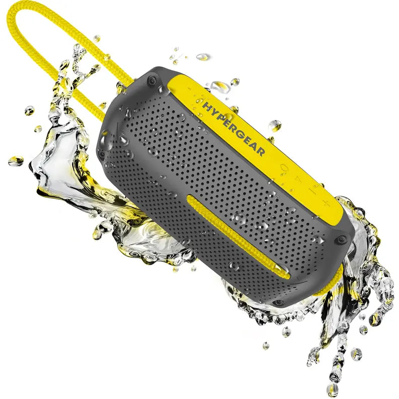 HyperGear waterproof Bluetooth speaker in gray and yellow, featuring a rugged design and detachable carrying strap.