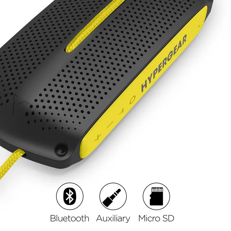 Black and yellow portable Bluetooth speaker with perforated design and auxiliary and micro SD inputs.