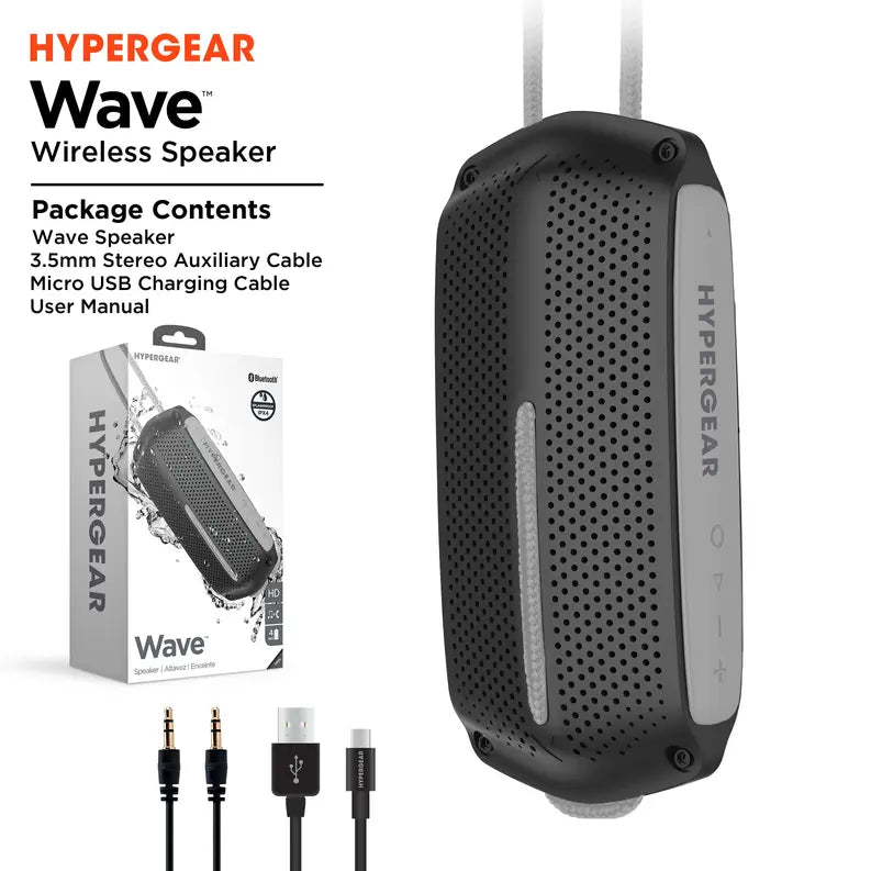Black wireless speaker with textured surface, includes micro USB and AUX cables, packaged with user manual.