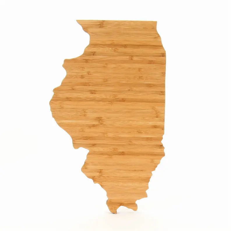 Bamboo cutting board shaped like Illinois, natural wood finish, perfect for kitchen use and as a decorative piece.