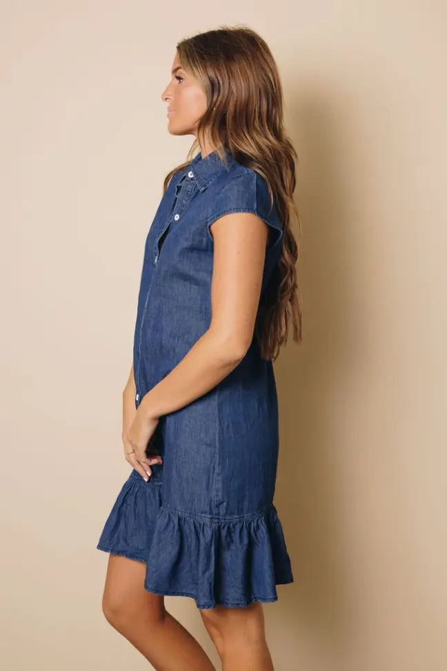Illinois Denim Ruffle Dress Stay Warm in Style