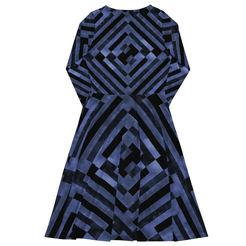 Indigo and Black Long Sleeve Midi Dress with Pockets Adirelounge