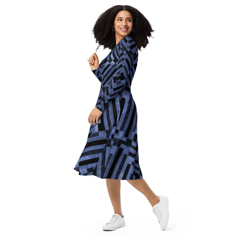 Indigo and Black Long Sleeve Midi Dress with Pockets Adirelounge