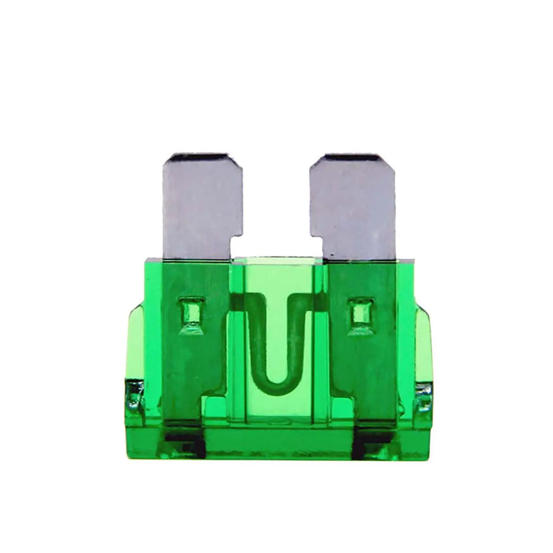 Green automotive blade fuse, 20A, transparent plastic housing, ideal for various vehicle electrical systems.