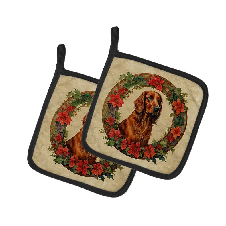 Red golden retriever pot holders with floral wreath design, black trim, festive kitchen decor for dog lovers.