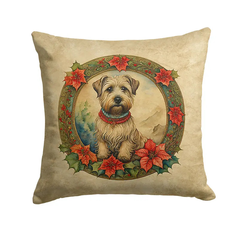 Vintage-style decorative pillow featuring a tan dog surrounded by red poinsettias on a beige background.