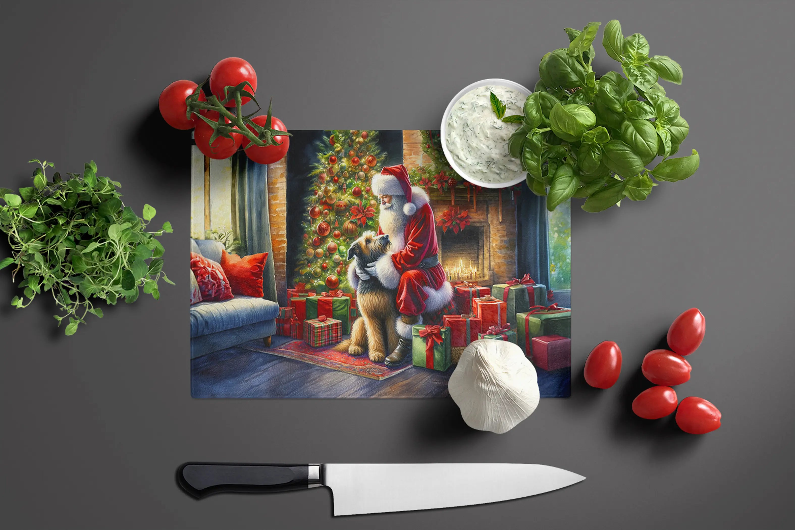 Irish Wolfhound and Santa Claus Glass Cutting Board Caroline's Treasures