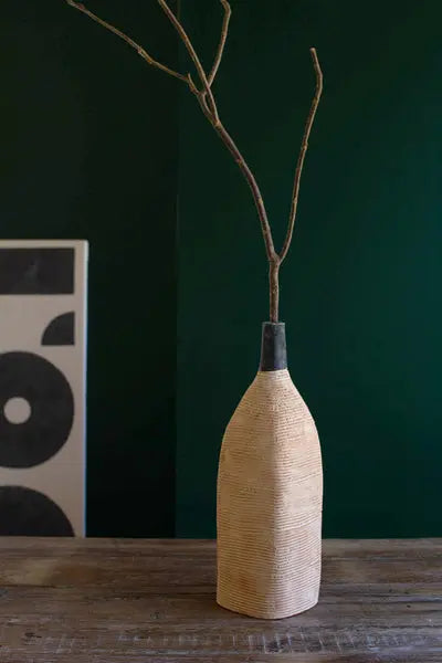 Ivory And Black Textured Clay  Bottle Vase Kalalou