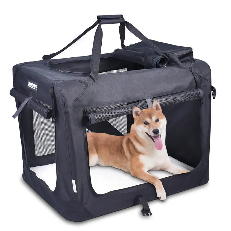 JESPET Soft Pet Crates Kennel, 3 Door Soft Sided Folding Travel Pet Carrier with Straps and Fleece Mat for Dogs, Cats, Rabbits, Indoor/Outdoor Use with Grey, Blue & Beige, Black JESPET