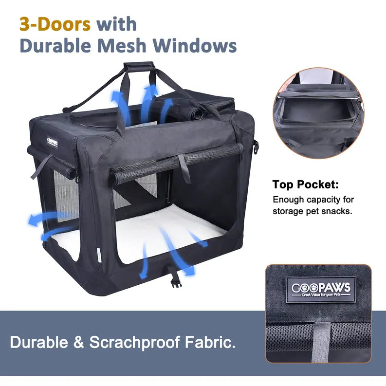 JESPET Soft Pet Crates Kennel, 3 Door Soft Sided Folding Travel Pet Carrier with Straps and Fleece Mat for Dogs, Cats, Rabbits, Indoor/Outdoor Use with Grey, Blue & Beige, Black JESPET