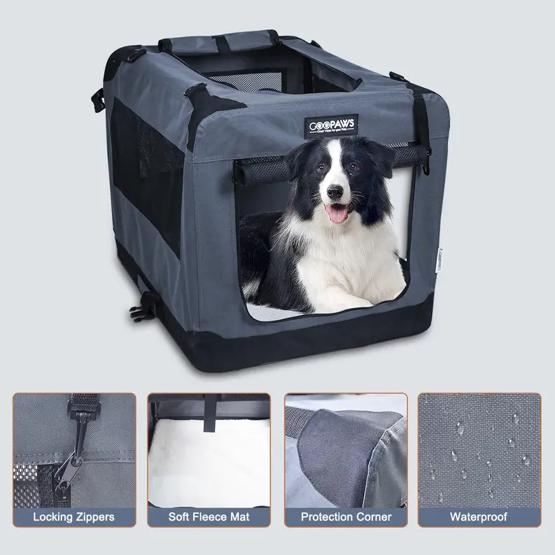 JESPET Soft Pet Crates Kennel, 3 Door Soft Sided Folding Travel Pet Carrier with Straps and Fleece Mat for Dogs, Cats, Rabbits, Indoor/Outdoor Use with Grey, Blue & Beige, Black JESPET