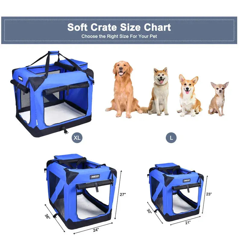 JESPET Soft Pet Crates Kennel, 3 Door Soft Sided Folding Travel Pet Carrier with Straps and Fleece Mat for Dogs, Cats, Rabbits, Indoor/Outdoor Use with Grey, Blue & Beige, Black JESPET
