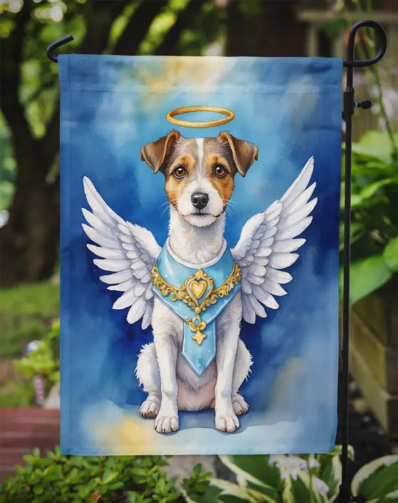 Angel dog garden flag, featuring a Jack Russell with wings, halo, and blue background. Perfect for pet lovers.