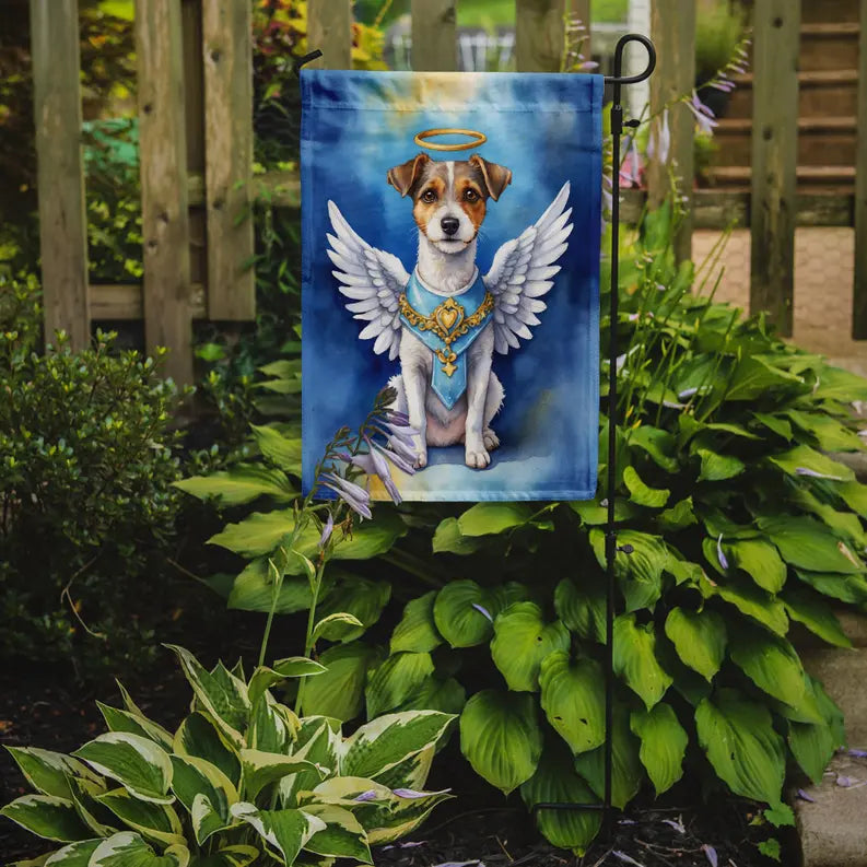 Angelic dog garden flag, blue and white design, made of durable fabric, perfect for pet lovers' outdoor decor.