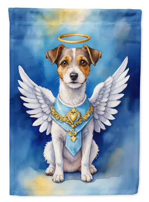 Whimsical angel dog flag with a halo, white wings, and blue vest, perfect for pet lovers and garden decor.