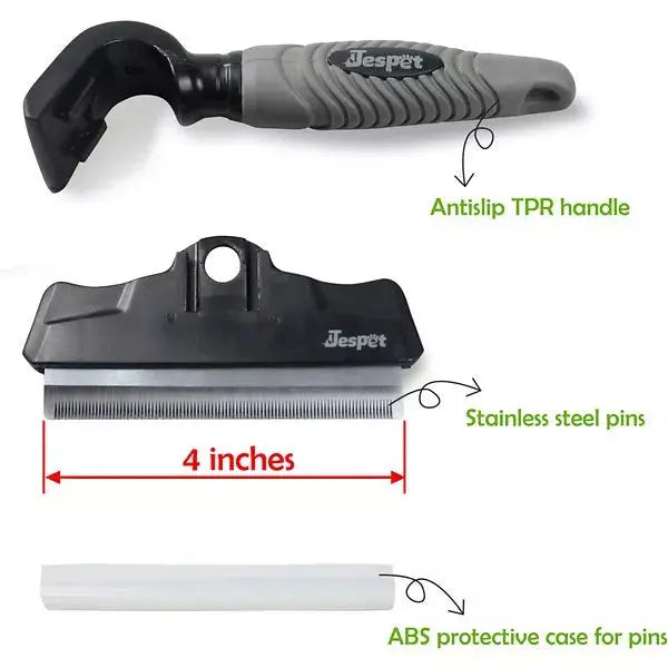 Jespet pet grooming tool with black antislip TPR handle, stainless steel pins, and durable ABS protective case, 4 inches.