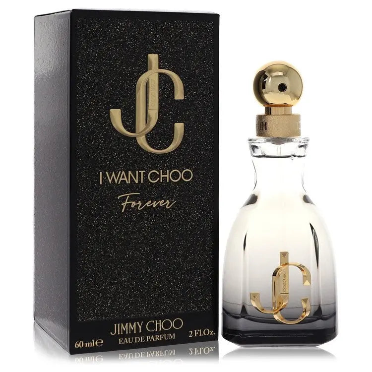 Jimmy Choo I Want Choo Forever fragrance, 60ml, elegant glass bottle with a gold cap, in sleek black and gold packaging.