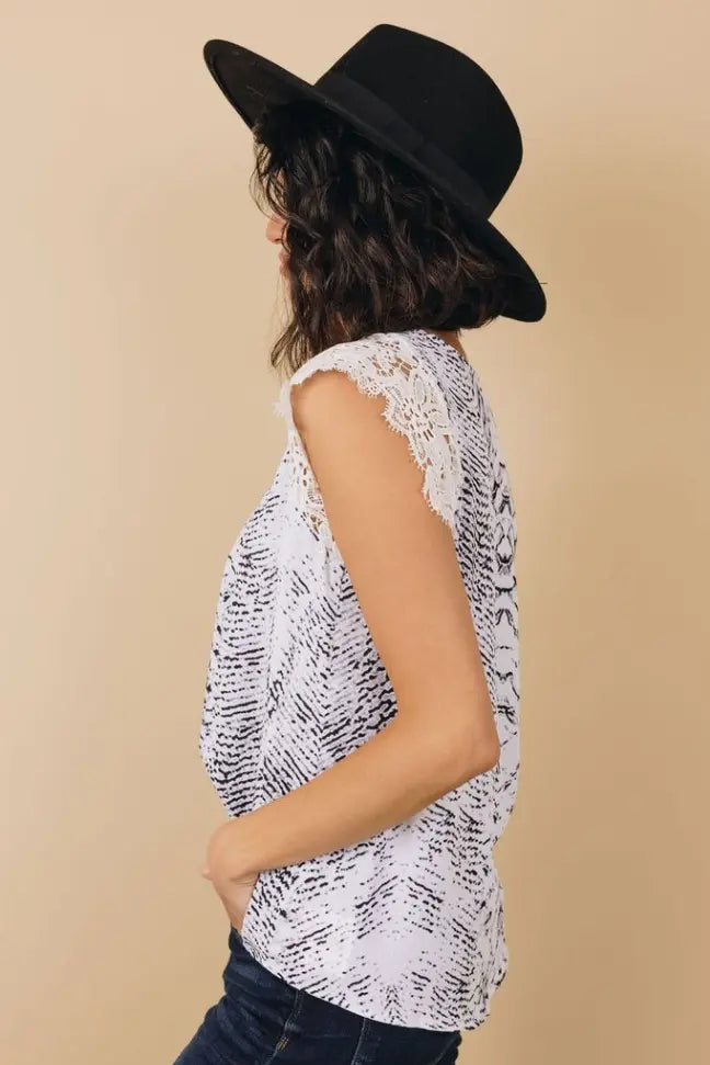 Kancan Printed Lace Shoulder Top Stay Warm in Style
