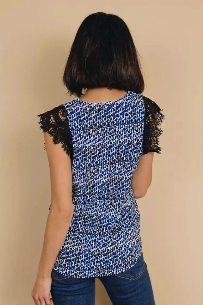 Kancan Printed Lace Shoulder Top Stay Warm in Style